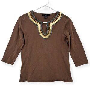 August Silk Knit Top Womens Small Embellished Beaded Sequin Brown 3/4 Sleeve NWT